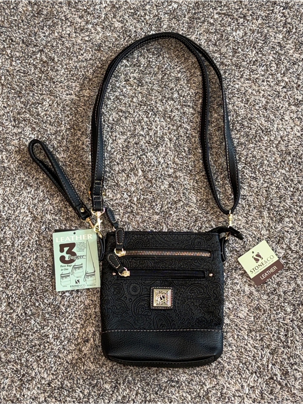 Stone Mountain Sydney Black Bonded Leather Reversible Crossbody Wristlet Bag NWT